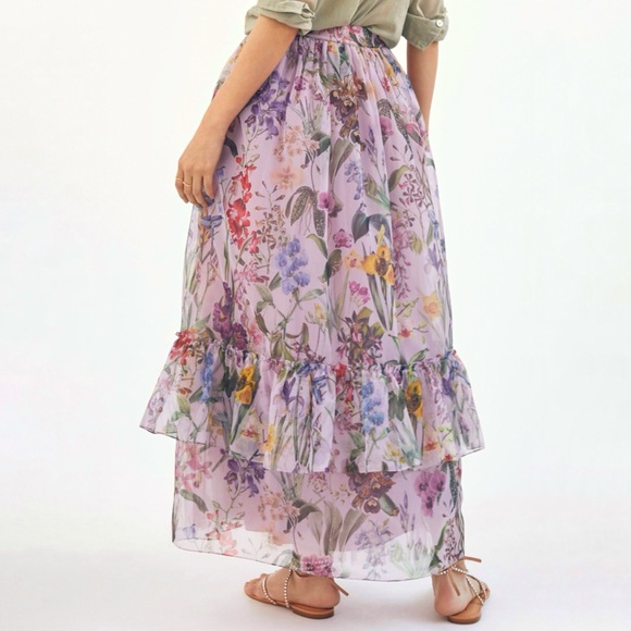 ANTHROPOLOGIE GEISHA DESIGNS PURPLE FLORAL PRINT RUFFLE TRIM MAXI SKIRT - Picture 3 of 13